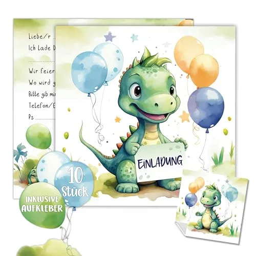 TOBJA Dino Einladung Kindergeburtstag Junge | XXL Dinosaurier Einladungskarten Geburtstag 15 x 15 cm | 10er Set mit Stickern | Geburtstagseinladungen Jungen (Dino)