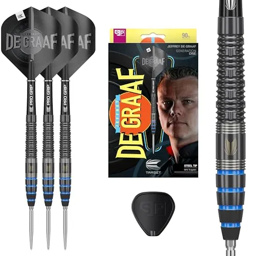Target Darts Jeffrey de Graaf Generation 1 Steel Tip Darts 23G - Steel-Dartpfeile mit 90% Tungsten für außergewöhnliche Haltbarkeit und Kontrolle. Mit Swiss Point Technologie für einfaches Wechseln der Spitzen und Pro Grip Schäften für verbesserte Wurfkontrolle.