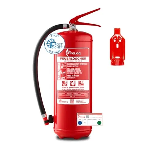 FireLoq 6kg Pulver Feuerlöscher für Brandklasse ABC - Zuverlässiger 6kg Pulver Feuerlöscher für Brandklasse ABC, geprüft nach EN3. Inklusive Wandhalter, Manometer und Prüfnachweis für sichere Nutzung im Notfall.