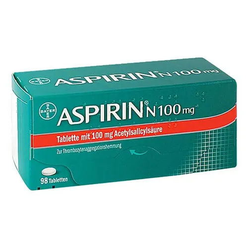 Aspirin N 100mg - Blutgerinnung hemmen und Herzgesundheit fördern - Arzneimittel zur Thrombozytenaggregationshemmung, ideal zur Vorbeugung von Herzinfarkten und Durchblutungsstörungen. Unterstützt die Herzgesundheit nach Operationen und bei Angina pectoris.