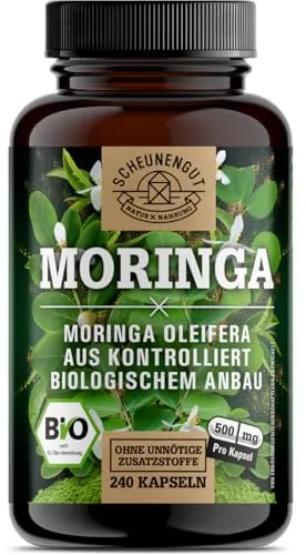 Bio Moringa Kapseln - 240 Stk - Hochdosiert & Laborgeprüft - Hochwertige Bio Moringa Kapseln mit 500 mg pro Kapsel. Ideal für Veganer und Vegetarier. 120-Tage-Kur für eine nachhaltige Einnahme ohne Zusatzstoffe.