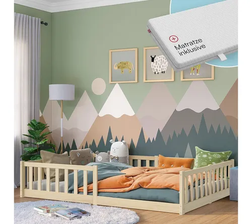 Bellabino Kinderbett Vere mit Rausfallschutz und Lattenrost - Holz-Bodenbett für Kinder, skandinavisches Design mit Rausfallschutz und Montessori-Prinzipien – ideal für sicheres Ein- und Aussteigen sowie erholsamen Schlaf.