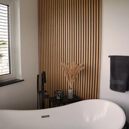 HOME DELUXE Wandpaneel Akustikpaneel / Lamellenwand SONIC, BxL: 40,00x80,00 cm, 0,32 qm, (Schalldämpfend, 1-tlg., Individuell kürzbar und zuschneidbar) Holzwand, Akustik Wand Paneele, Akustik Paneel, Oiled Oak