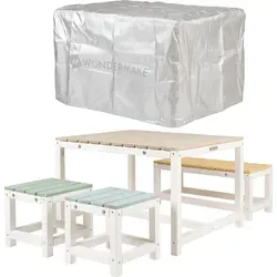 WONDERMAKE Garten-Kindersitzgruppe aus Holz - Gartenmöbel-Set für Kinder ab 3 Jahren, 4-tlg. mit 2 Hockern, einer Bank und einem Tisch - ideal für drinnen und draußen, robust und modern.