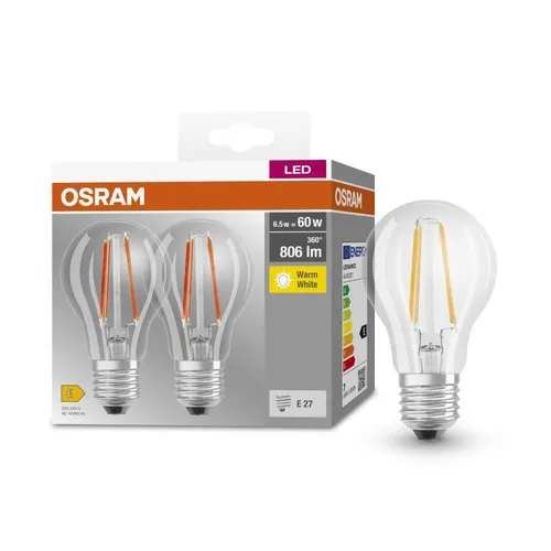 Osram E27 LED BASE Filament Leuchtmittel Doppelpack - Energiesparlampen mit warmweißem Licht (2500-3000 K) und 360° Ausstrahlungswinkel, ideal für gemütliche Beleuchtung in jedem Raum.