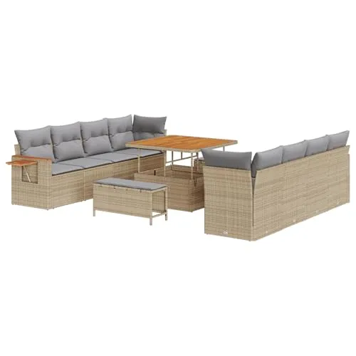 vidaXL 11-teiliges Garten Sofa Set mit Kissen Beige Poly-Rattan Akazie, 3-teiliges Gartentisch Set mit Kissen Beige Poly-Rattan Akazie