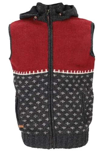 GURU SHOP Gestrickte Weste aus Schurwolle - Anthrazit/Rot, Unisex, Größe M - Die stylische Strickweste aus hochwertiger Schurwolle ist perfekt für kalte Tage. Mit weichem Fleecefutter und abnehmbarer Kapuze bietet sie Komfort und Wärme. Ein langlebiger Begleiter für den Herbst und Winter.