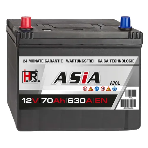 HR HiPower 12V 70Ah Autobatterie für PKW - Wartungsfreie Blei-Säure Starterbatterie mit 630A Kaltstartstrom, ideal für asiatische Fahrzeuge. Langlebig und zuverlässig für eine optimale Fahrzeugleistung.