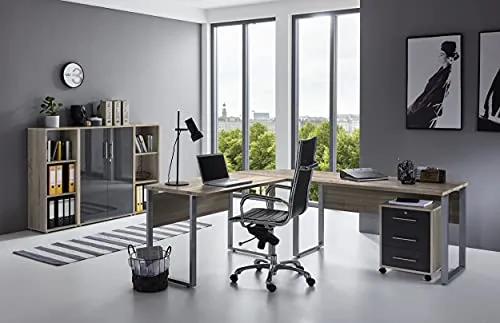 Büromöbel komplett Set Office Edition in Eiche Sonoma - Komplett Set für Ihr Arbeitszimmer: Winkelschreibtisch, abschließbarer Rollcontainer und mehr in edlem Eiche Sonoma/Anthrazit Hochglanz. Hochwertige Verarbeitung Made in Germany.