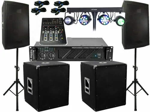 Watt PA Anlage 3 Wege Box mit USB und LED Licht - DJ- & PA-Set mit 1000 W RMS-Leistung, inkl. Subwoofer und LED-Licht, ideal für Partys und Veranstaltungen.