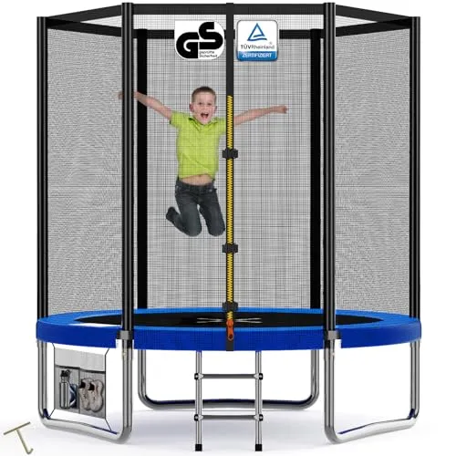 Devoko Trampolin Outdoor Ø 183/228/305/366/427 cm Indoor Trampolin Kinder Gartentrampoline, Komplettset mit Schuhnetz, Leiter, Randabdeckung, Sicherheitsnetz, Belastbarkeit 50 kg (Blau)