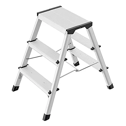 Hailo Klapptritt StandardLine D60, 4443-701 - Aluminium-Doppelstufen-Trittleiter mit 3 Stufen, bis 150 kg belastbar. Optimal für sichere Arbeiten bis 2,60 m Höhe, ideal für Zuhause oder Büro.
