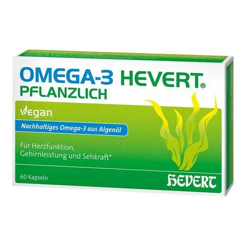 Omega-3 Hevert Pflanzlich Weichkapseln - Veganes Nahrungsergänzungsmittel mit Algenöl für Herzfunktion, Gehirnleistung und Sehkraft – ideal für Veganer und Menschen mit erhöhtem Bildschirmkontakt.
