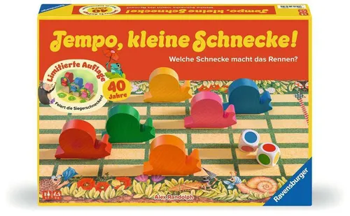 Ravensburger 23034 Tempo, kleine Schnecke! 40 Jahre Jubiläumsausgabe - Gesellschaftsspiel für 2-6 Spieler, feiere das 40-jährige Jubiläum mit diesem liebevoll gestalteten Retrospiel für die ganze Familie, ideal für Kinder ab 3 Jahren.