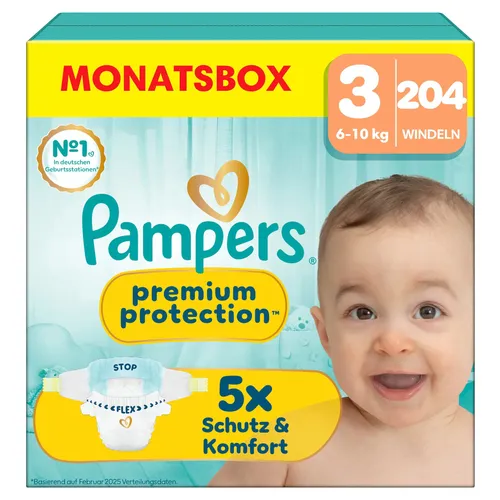 Pampers Premium Protection Gr.3 Midi 6-10kg Windeln, 204 Stück - Monatsbox - Windeln für Babys von 6-10kg, mit besonders weicher Oberfläche und optimalem Auslaufschutz für eine sorgenfreie Nacht.