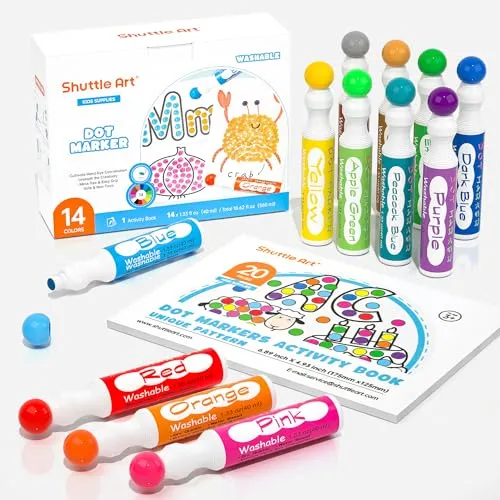 Shuttle Art 14 Farben Bingo Dabbers Stifte, Dot Marker auswaschbar für kinder(40ml) mit 20 einzigartigen Mustern von Activity Book für Kinder-Kunstaktivitäten, Baby Dot Stifte ungiftig auf Wasserbasis