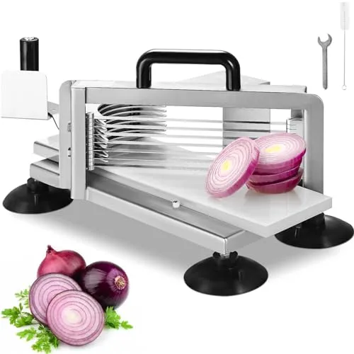 VEVOR Kommerzieller Tomatenschneider aus Edelstahl - Hochleistungs-Gemüseschneider für gleichmäßiges Schneiden von Obst und Gemüse in 3/16 Zoll-Stücke. Robuste Bauweise mit stabilen Saugnapffüßen für sicheren Halt und einfache Reinigung.