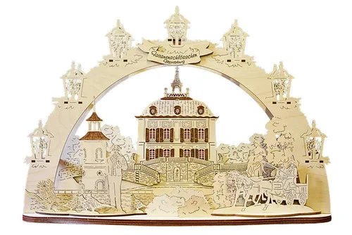DeColibri LED Schwibbogen Dresden Moritzburg - 3D Holzkunst mit 10 LED-Lichtern - Beleuchteter Schwibbogen aus hochwertigem Holz, ideal für den Innenbereich. Mit 10 warmweißen LED-Lichtern sorgt er für eine stimmungsvolle Atmosphäre.