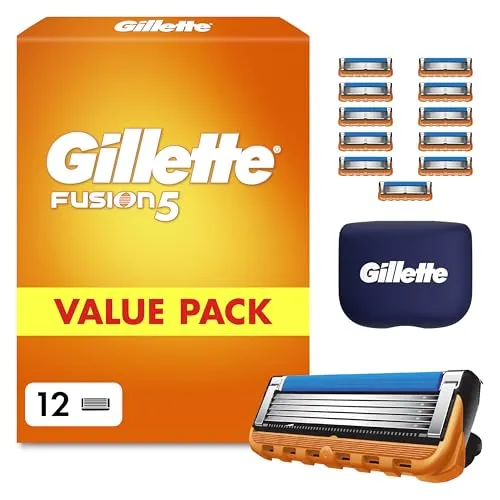 Gillette Fusion 5 Klingen Herren, 12 Original Rasierklingen, Orange - Für Nassrasierer mit Größerer Gleitstreifen für Ein Sanftes Gleiten Und für Eine Komfortable Rasur, Inkl. Reiseschutzkappe