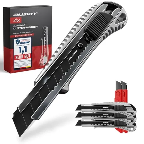 HASKYY Cuttermesser Teppichmesser Cutter Set 4 Stück inkl. 20 SK5-Hochkarbonstahl Klingen 18mm, Ergonomischer Anti-Rutsch-Griff, Klingenbrecher, Lock-Funktion