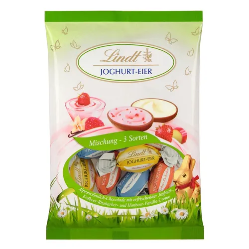 Lindt Joghurt Eier Vollmilch Schokolade 140g – Fruchtige Ostern - Die Lindt Joghurt Eier Mischung bietet eine köstliche Vielfalt für Ostern. Vollmilch-Schokolade umhüllt zartschmelzende Joghurt-Cremes mit fruchtigen Aromen. Ideal zum Befüllen von Osternestern und für Naschkatzen jeden Alters!