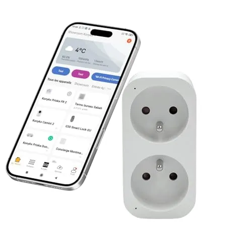 Konyks Priska Duo FR Dual-Steckdose, WLAN + BT, Remote ON/OFF-Steuerung, Verfolgung des Verbrauchs von 2 Geräten gleichzeitig, Smartlife und Tuya, Amazon Alexa und Google Home kompatibel