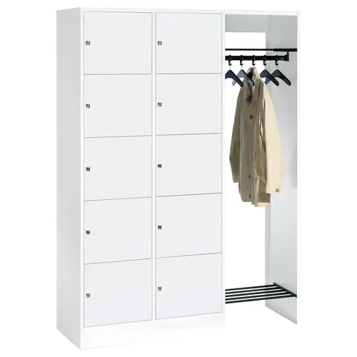 Offene Garderobe für 10 Personen – Vielseitiger Schrank mit Wertfächern - Offene Garderobe für 10 Personen, HxBxT 195x185x48 cm. Flexibles System mit doppelwandigen Flügeltüren, Zylinderschloss und praktischem Zubehör für optimalen Stauraum.
