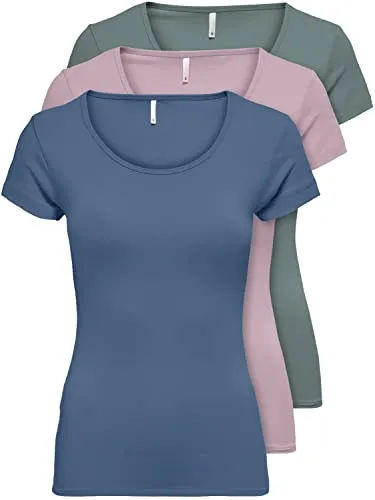 ONLY 3er Pack Damen T-Shirt schwarz oder weiß Kurzarm lang Basic Sommer T-Shirts XS S M L XL 15209153 (Farb Mix 5, XS)