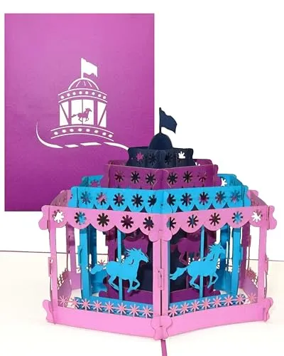 Pop-Up Karte Pferde Karussell – 3D Geburtstagskarte, Glückwunschkarte und Dankeskarte - edle Einladungskarte zur Kirmes & auf die Wiesn
