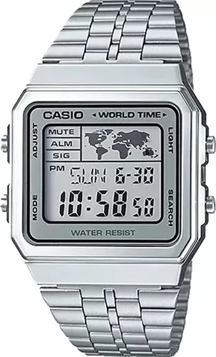Casio A500WA-7D Vintage Digitaluhr für Unisex, Edelstahl, 1/100-Sekunden-Stoppuhr, wasserdicht, mit Weltkartenanzeige