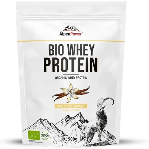 AlpenPower Whey Protein Vanille 500g - Biozertifiziertes Whey Protein aus 100 % natürlichen Zutaten, ideal für Kraft- und Ausdauersport, mit hohem Gehalt an essentiellen Aminosäuren und schonender CFM-Filterung für maximale Qualität.