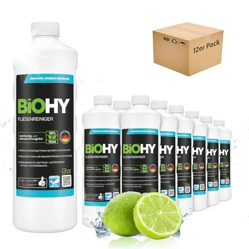 BiOHY Fliesenreiniger 12er Pack – Effektiver Allzweckreiniger für Fliesen - Zuverlässiger Fliesenreiniger für strahlend saubere Flächen. Entfernt hartnäckige Verschmutzungen und sorgt für einen frischen Duft. Ideal für alle Fliesen- und Steinböden im Haus.