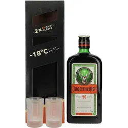 Jägermeister 35% Vol. 0,7l Geschenkbox mit 2 Shotgläsern - Legendärer Kräuterlikör in stilvoller Geschenkbox mit zwei Shotgläsern. Ideal für gesellige Anlässe und als Geschenk für Jägermeister-Fans. Genießen Sie den vollmundigen Geschmack pur oder in Cocktails!