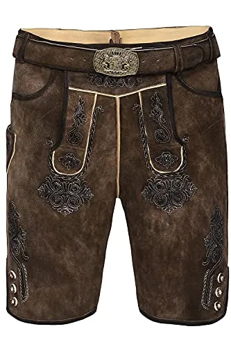 Edelnice Trachtenmode Kurze Lederhose Fabian mit Gürtel - Hochwertige Trachtenlederhose aus Wildbockleder in Braun, inkl. verziertem Gürtel. Bequemer Sitz und edle Stickereien machen sie zum idealen Begleiter für traditionelle Anlässe.