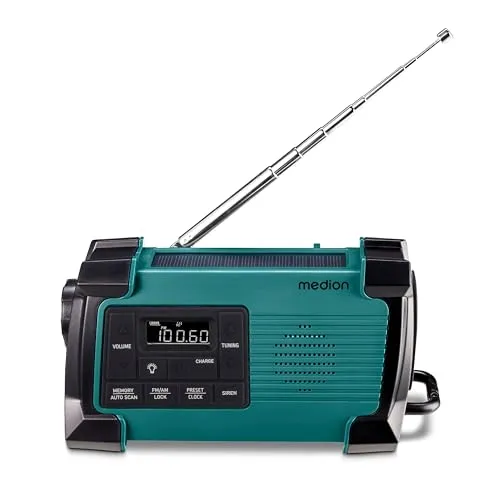MEDION E66805 Kurbelradio - Solar & Dynamo, IPX4 Spritzwasserschutz mit SOS Notfall Funktion und USB-C Ladeoption