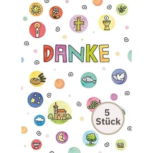 Perleberg Dankeskarte Kommunion in Premium-Qualität 5 Stück - edle Dankeschön Karte zur Kommunion inkl Umschlag - Kommunionkarte Mädchen & Jungen mit Symbolen - stilvolle Karten 10,5 x 14,5 cm