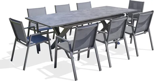 Garten-Essgruppe für 8 Personen mit Keramikplatte auf Glas - Stilvolle Essgruppe für den Außenbereich mit einem eleganten Aluminiumtisch und 8 bequemen Sesseln. Ideal für gesellige Abende im Garten und platzsparend durch stapelbare Sessel.