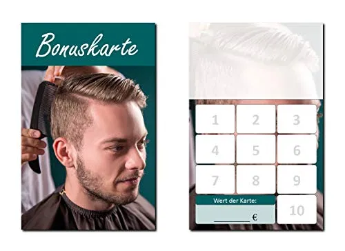 Stück Friseur Herren Bonuskarten (BOK-422) - Visitenkarten im handlichen Format mit 10 Stempelfeldern, hochwertigem 350 g/m² Karton, ideal für Frisör- und Kosmetikbereiche, bestens beschreibbar und bestempelbar.