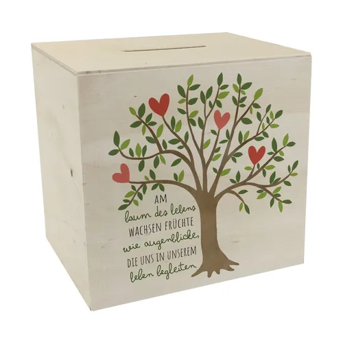 Lebensbaum Spardose aus Holz mit Spruch Lebensbaum trägt Augenblicke als Früchte Symbol der Liebe Hochzeit Freundschaft Kommunion Konfirmation Familie