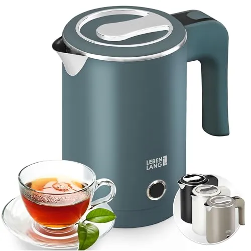 LEBENLANG Reise Wasserkocher Edelstahl 0,5 Liter - Kleiner, energieeffizienter Teekocher für unterwegs - Kompakter 0,5-Liter Edelstahl-Wasserkocher für Reisen. Mit 600W für schnelles Erhitzen und sicherer Nutzung dank doppelter Wand und automatischer Abschaltung. Ideal für Camping und unterwegs.