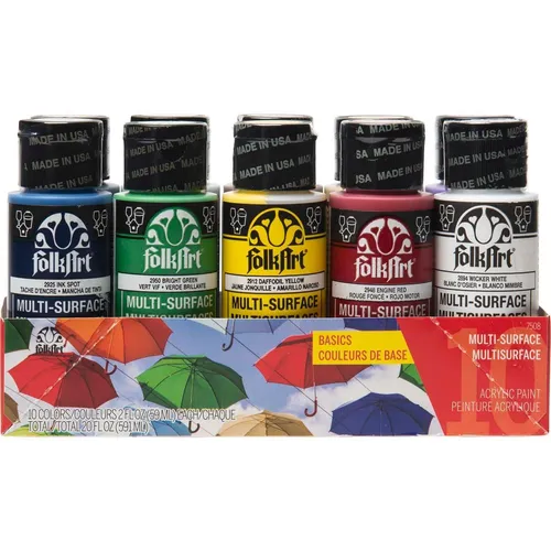 Plaid Folkart - Multi-Surface Satin Acrylfarbe - 59ml - 10er Set - Basics