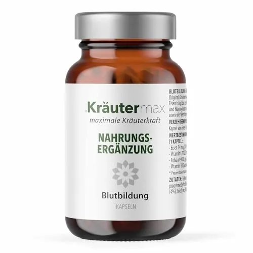 Kräutermax Blutbildung Kapseln | Hochdosiertes Eisen mit Vitamin C, B12 & Folsäure - Eisenpräparate zur Unterstützung der normalen Blutbildung und Verringerung von Müdigkeit. Vegan, glutenfrei und in Premiumqualität aus Österreich.