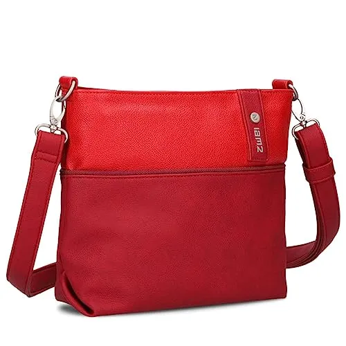 Zwei Damen Umhängetasche JANA J8 Crossbody Bag 3 Liter Bicolor Handtasche im Canvas-Stil, weiches Kunstleder, ideal für den Alltag, inkl. 2 abnehmbare Schultergurte kurz & lang (cherry)