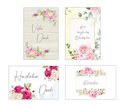 Premium Dankeskarten (Klappkarten) mit 4 weißen Umschlägen, Danke, Dankeschön, Karten, Dankekarten, Hochzeit, Geburt, Baby, Taufe, Abschied, 3eburtstag, Jubiläum Blumen Blumenmotiv 4
