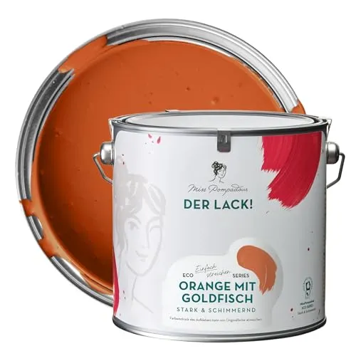 MissPompadour seidenmatte Holzfarbe Innen & Außen 2,5L Orange mit Goldfisch, Möbelfarbe ohne Schleifen - Farbe für Holz, Metall, Kunststoff - Holzlack, Möbellack schnelltrocknend mit hoher Deckkraft