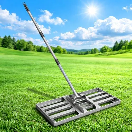 Rasen Nivellierrechen 43x26cm – Schwerlast Rasenrakel mit 145cm Griff - Effiziente Bodennivellierung: Ideal für Topdressing und eine glatte Oberfläche. Robuste Karbonstahlplatte sorgt für Stabilität und Langlebigkeit. Verstellbares Gelenk für optimale Arbeitswinkel und komfortables Arbeiten.