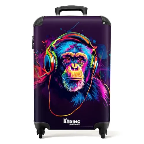 NoBoringSuitcases.com Kinder Reisekoffer - Schimpanse Neon Violett - Kindergepäck: Leichter Handgepäck Trolley (55x40x20 cm) mit robustem ABS-Material, einzigartigem Design und integriertem Zahlenschloss für sichere Reisen.