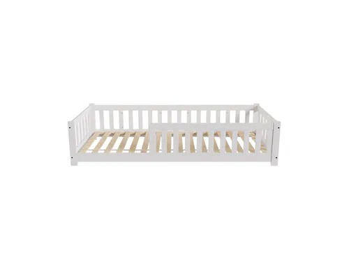 Juskys Kinderbett Naya - 90x200 cm mit Rausfallschutz - Stilvolles Holz-Bodenbett für Kinder von 3-10 Jahren, bietet Sicherheit durch Rausfallschutz und fördert Selbstständigkeit. Inklusive stabilen Lattenrost für gemütliche Gute-Nacht-Geschichten.