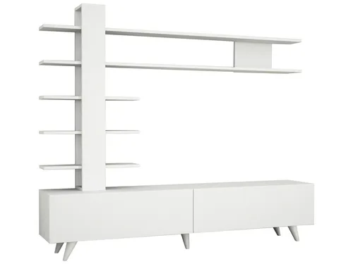 Moderne Wohnwand Weiß mit TV Lowboard Aleyna - TV-Möbel & Schrankwände - Stilvolle Wohnwand mit integriertem Lowboard, ideal für Fernseher bis 100 Zoll, inklusive Regalen und modernen Türen für ein elegantes Wohnzimmer.