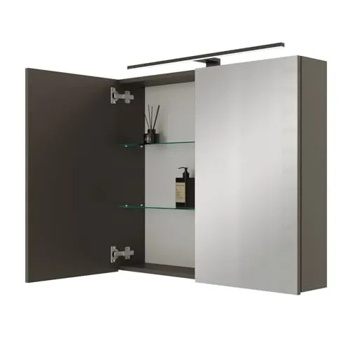 Spiegelschrank ARIA 80 cm anthrazit mit Leuchte und Steckdosenbox - Spiegelschrank mit integrierter Leuchte und Steckdosenbox für mehr Komfort im Bad. Bietet flexiblen Stauraum und optimale Beleuchtung für Ihre täglichen Routinen.